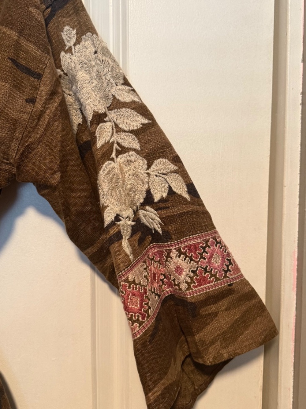 Johnny Was Flora Camo Embroidered Kimono Duster Belted Linen Boho - Picture 9 of 15